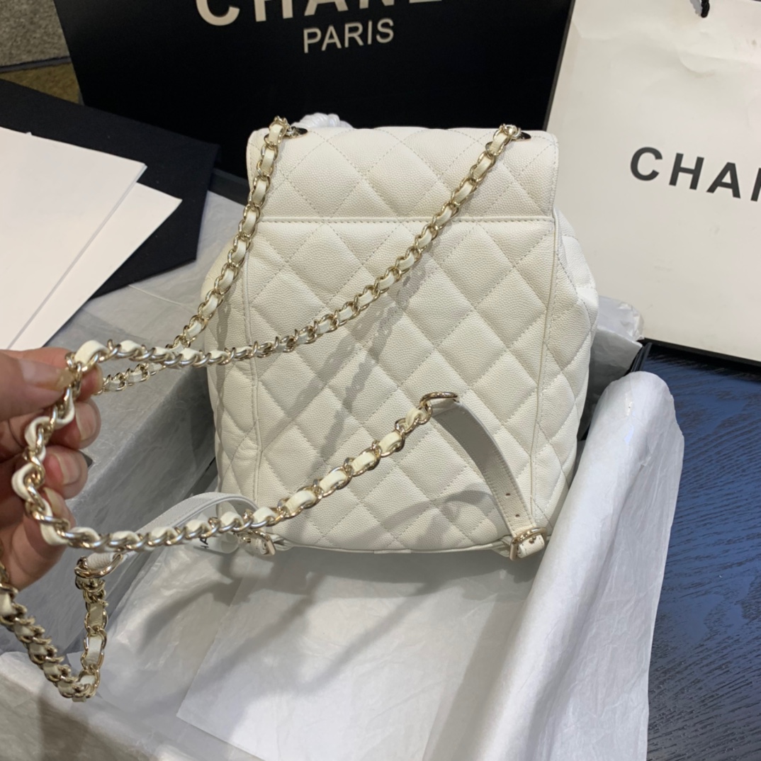 Ch**el backpack grained calfskin white as1371 21.5 x 24 x 12 cm