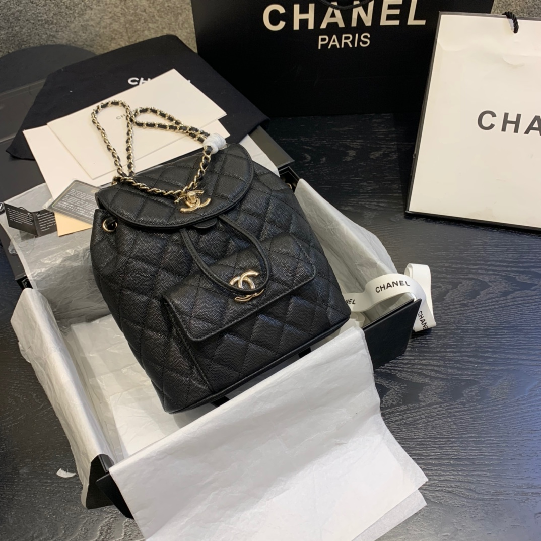 Ch**el backpack grained calfskin black as1371 21.5 x 24 x 12 cm