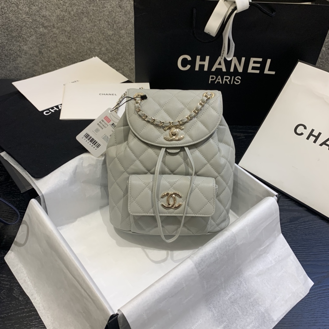 Ch**el backpack grained calfskin grey as1371 21.5 x 24 x 12 cm