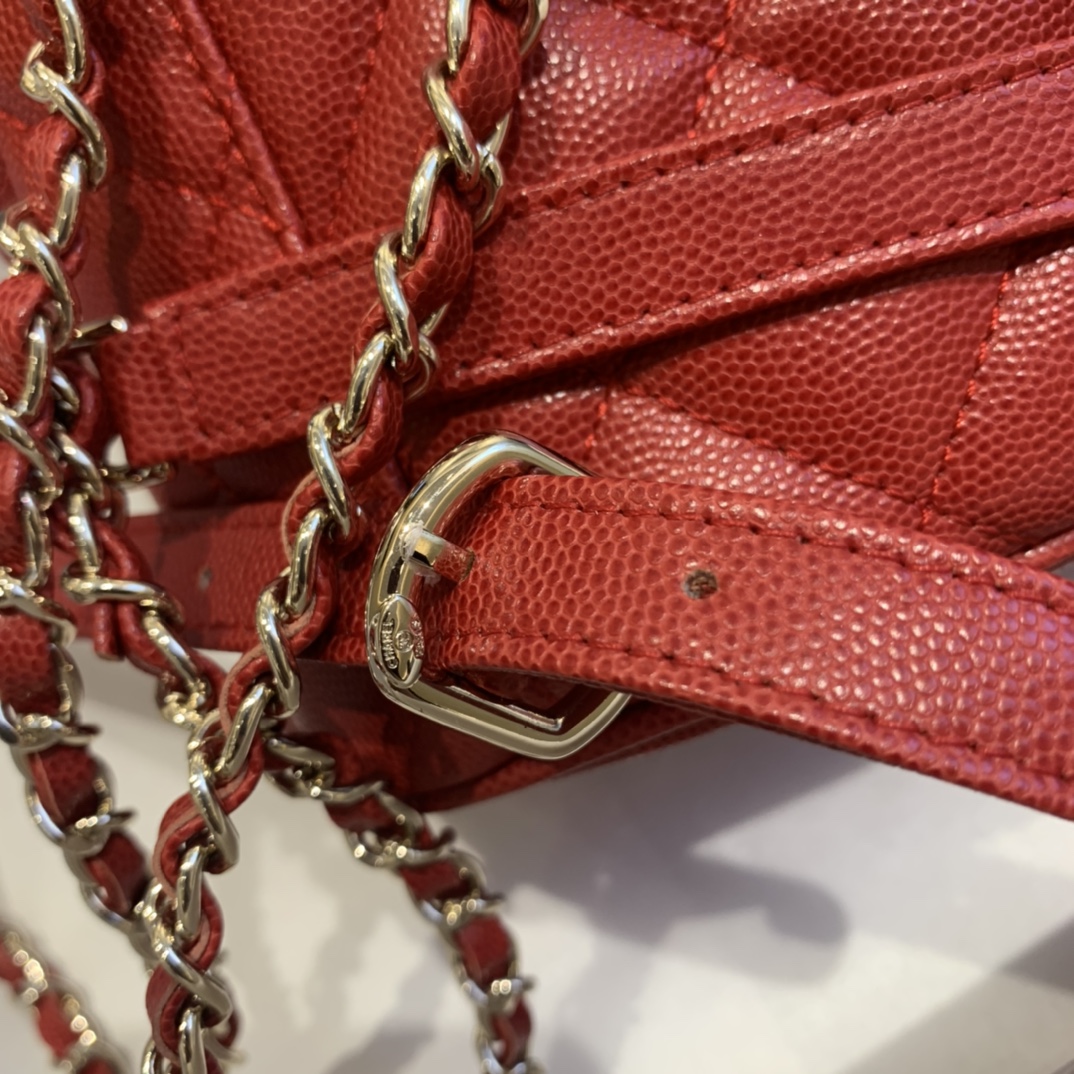 Ch**el backpack grained calfskin red as1371 21.5 x 24 x 12 cm