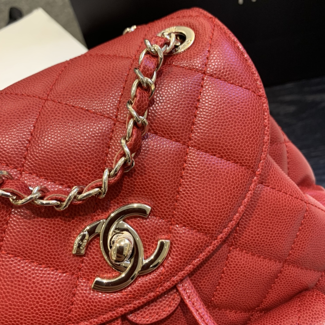 Ch**el backpack grained calfskin red as1371 21.5 x 24 x 12 cm