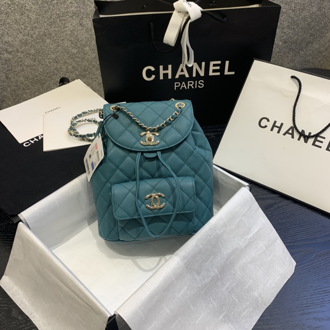 Ch**el backpack grained calfskin light blue as1371 21.5 x 24 x 12 cm