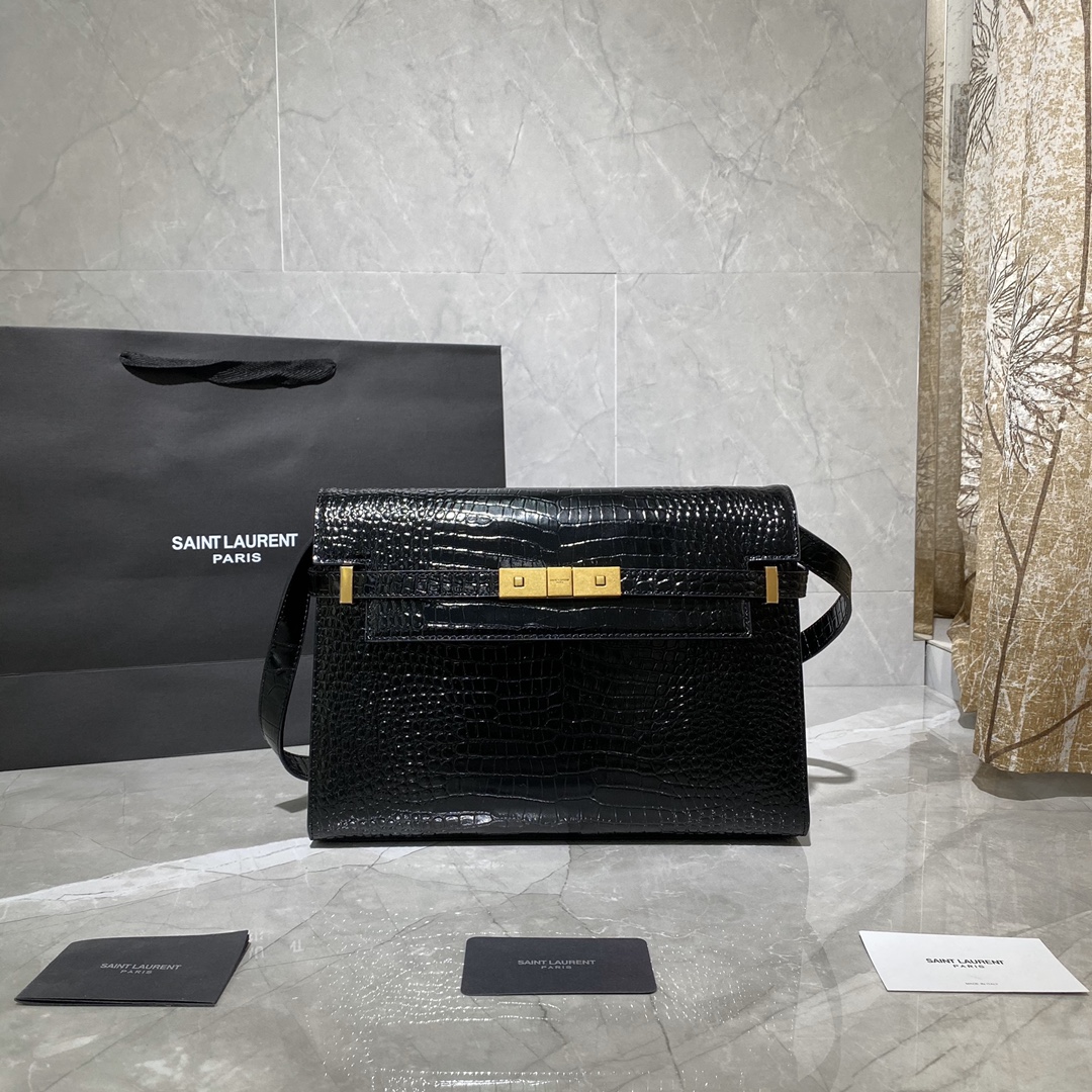 Y51 manhattan shoulder bag in crocodile-embossed shiny leather black 579271 29 x 20.5 x 7 cm