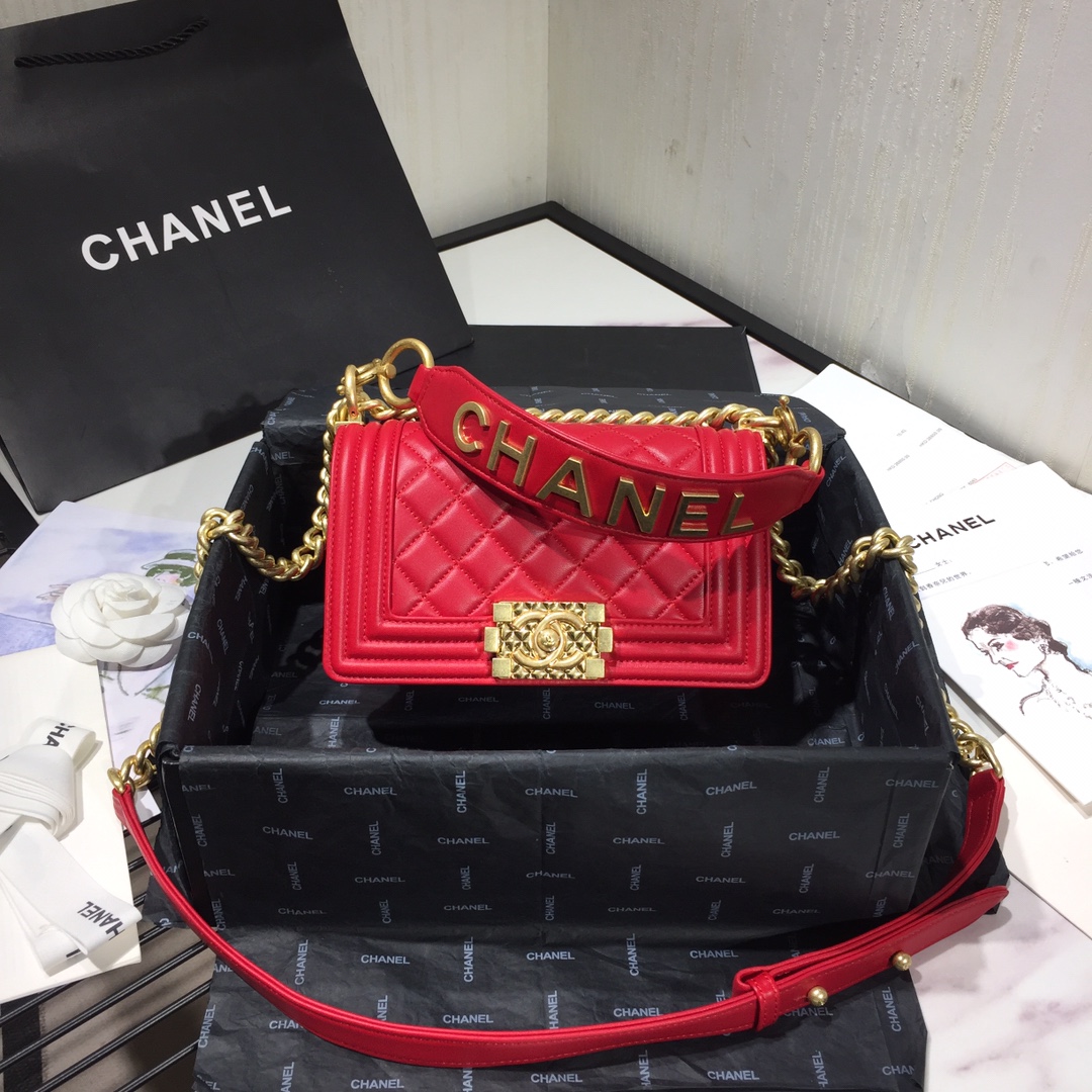 Ch**el small original lambskin leather boy flap bag red 20cm