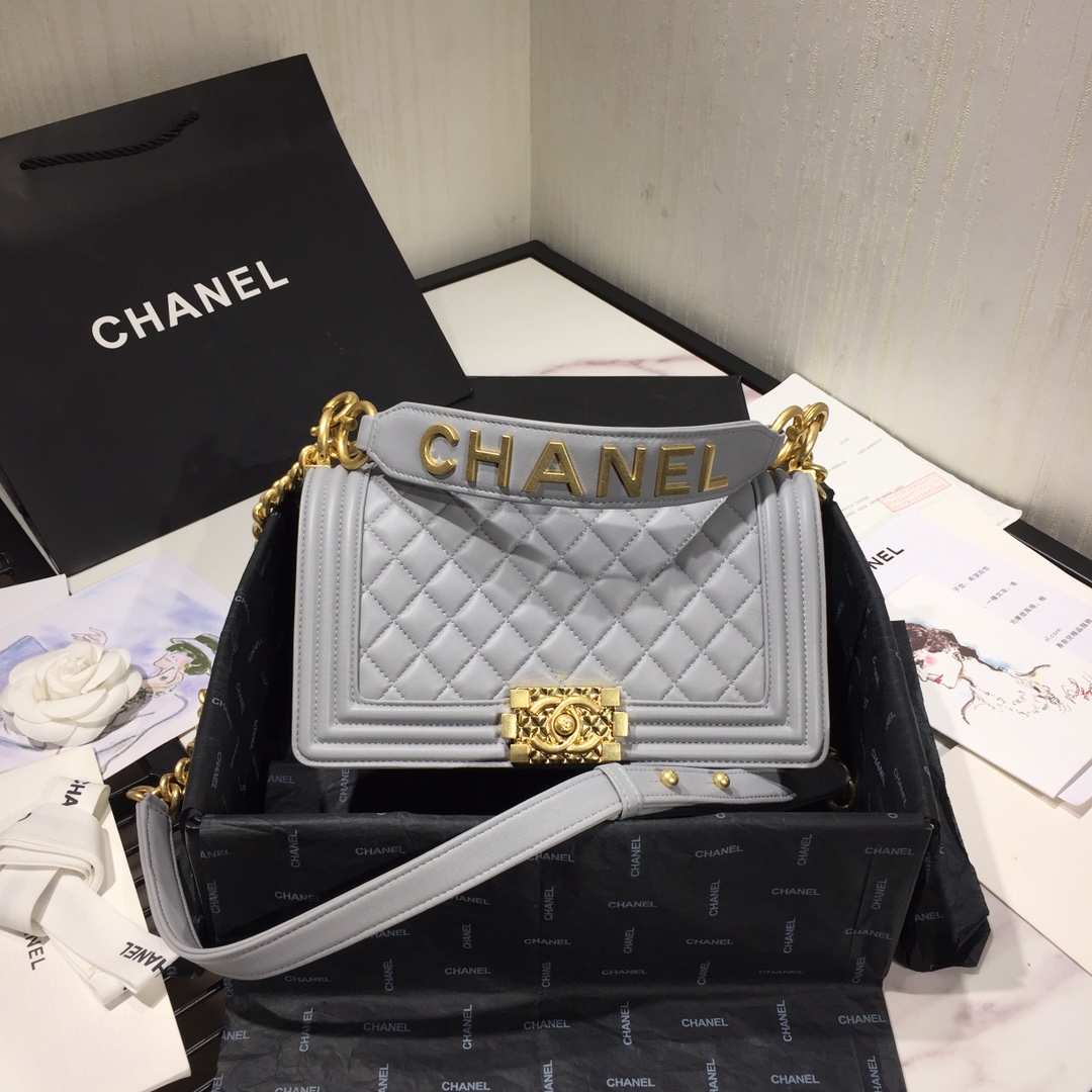 Ch**el small original lambskin leather boy flap bag grey 25 cm