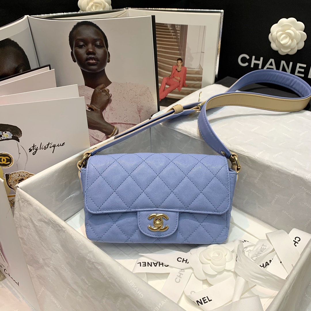 Ch**el calfskin flap bag light blue as2273 20cm