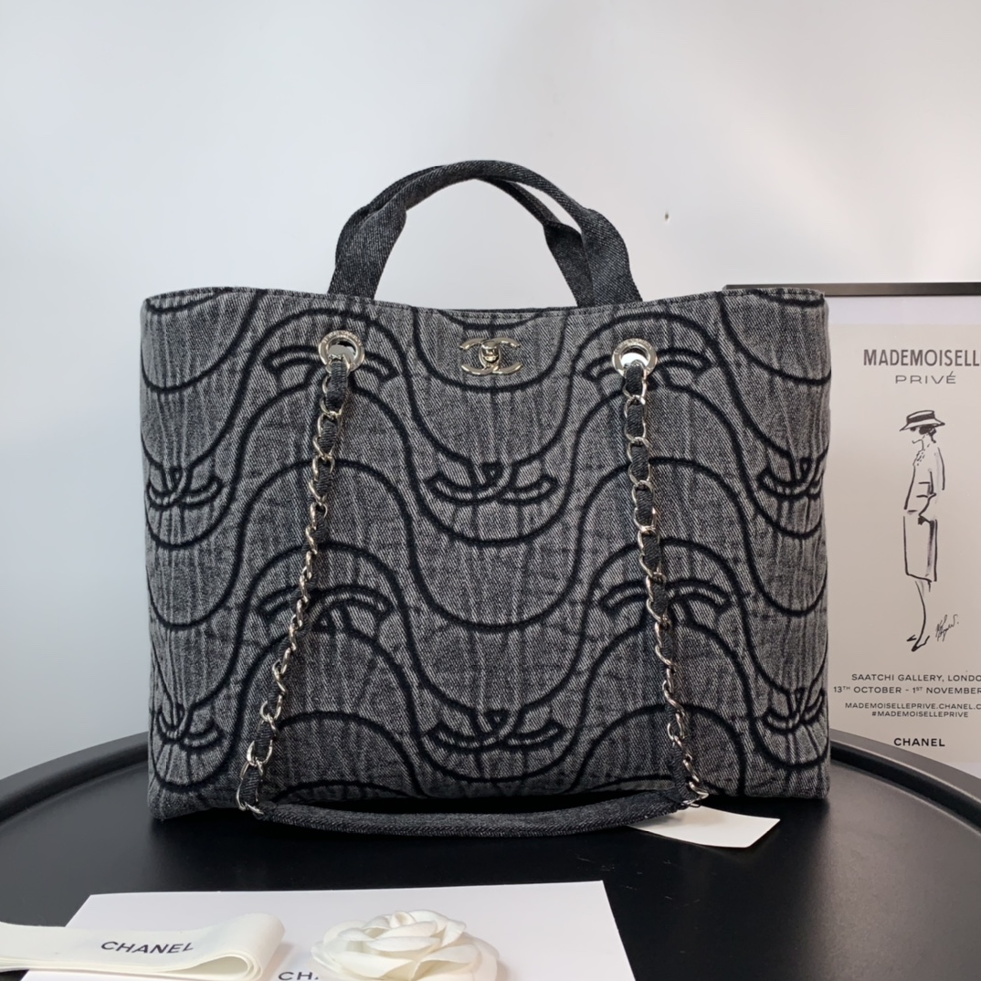 Ch**el washed denim cc wave shopping bag black 2021 30 cm