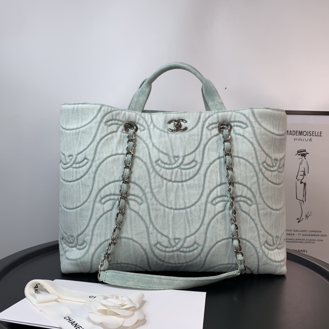 Ch**el washed denim cc wave shopping bag light green 2021 30 cm