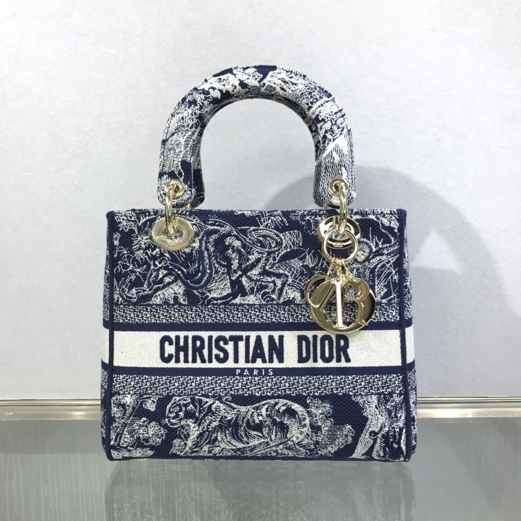 D10r medium lady d-lite bag blue toile de jouy reverse embroidery m0565 23.5 x 20 x 13 cm