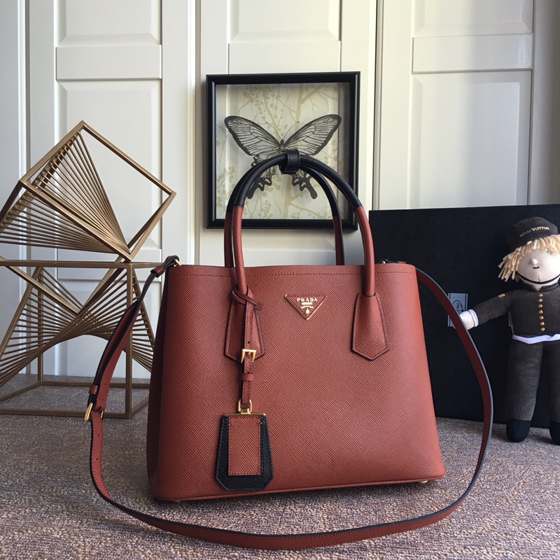 Pra*a medium saffiano leather double Pra*a bag brown 1bg775 33 x 24.5 x 14 cm