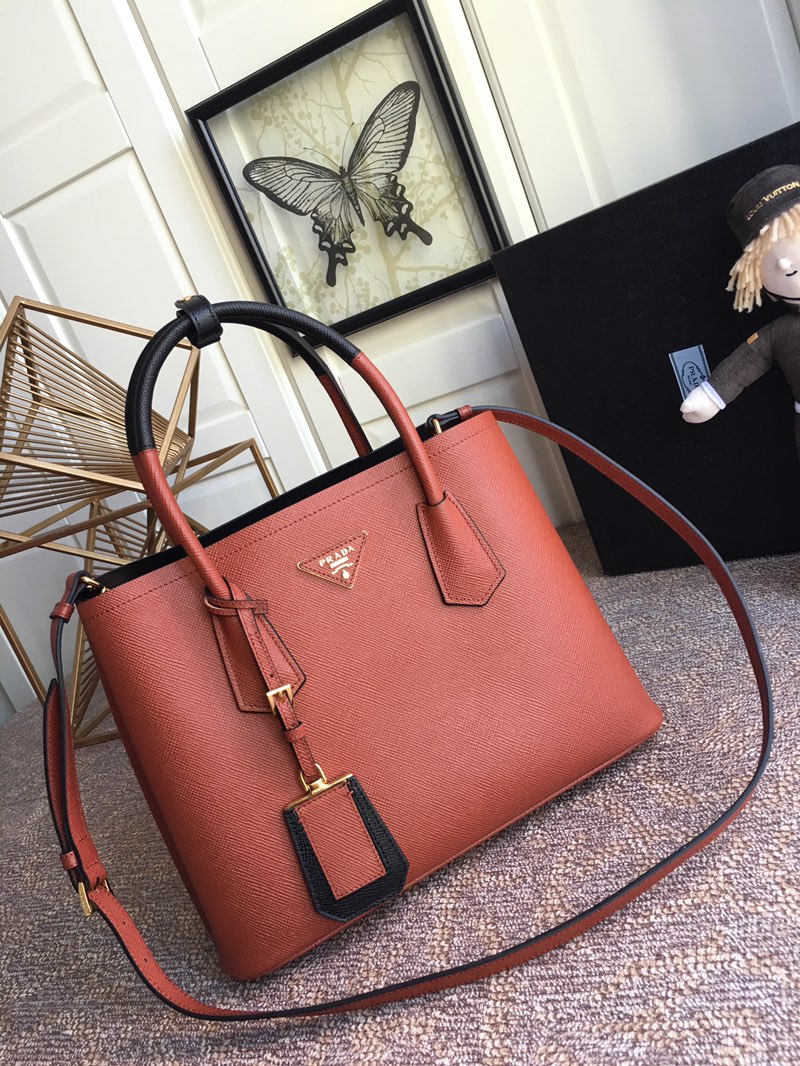Pra*a medium saffiano leather double Pra*a bag brown 1bg775 33 x 24.5 x 14 cm