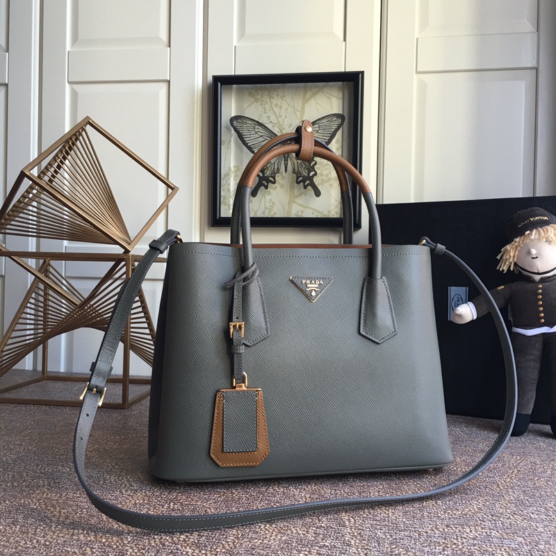 Pra*a medium saffiano leather double Pra*a bag gray and brown 1bg775 33 x 24.5 x 14 cm