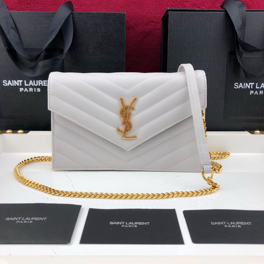 Y51 envelope chain wallet in grain de poudre embossed leather white 393953 19 x 11.5 x 4 cm