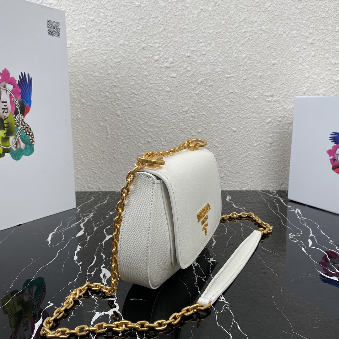 Pra*a saffiano leather shoulder bag golden metal white 1bd275 22 x 14 x 6.5 cm