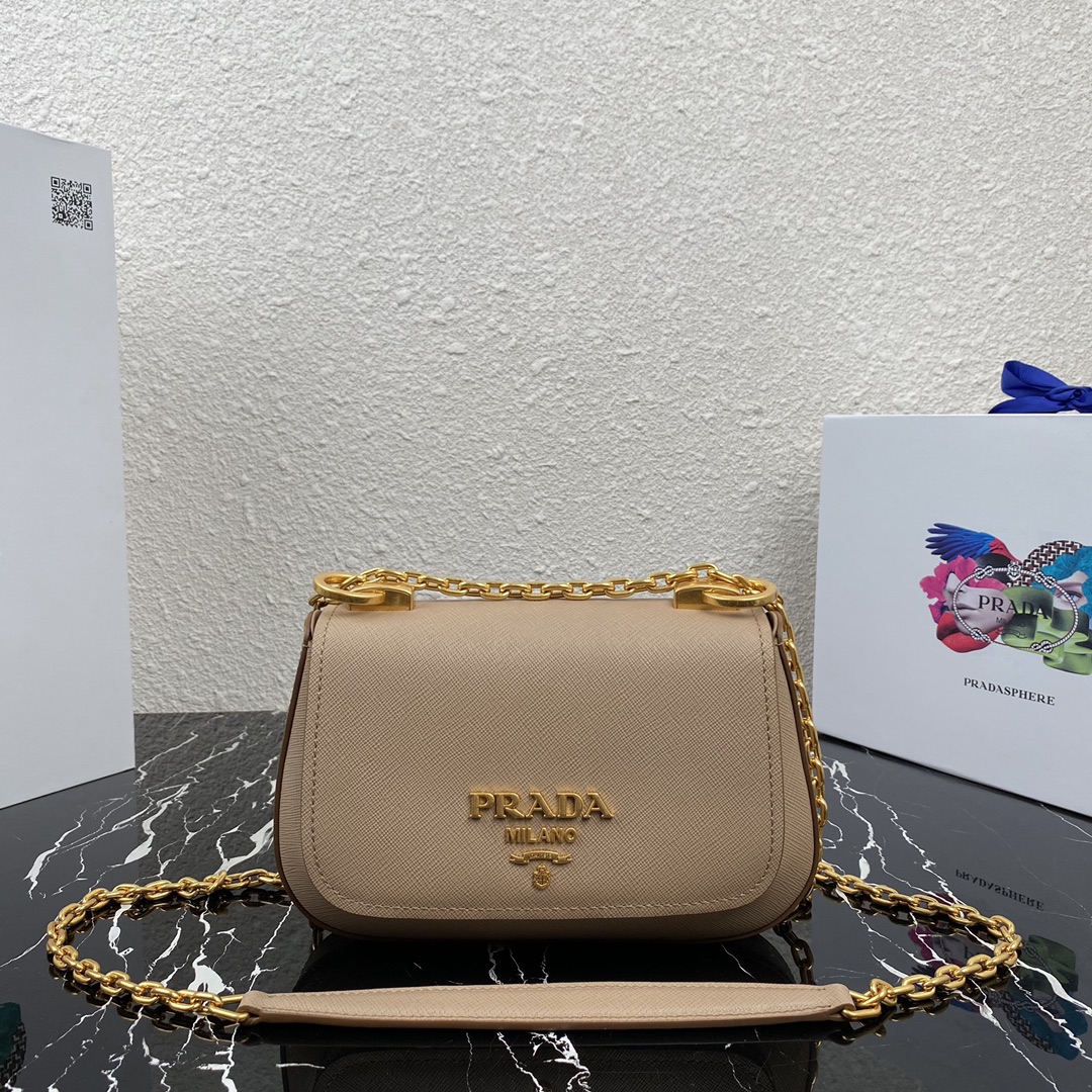 Pra*a saffiano leather shoulder bag golden metal beige 1bd275 22 x 14 x 6.5 cm