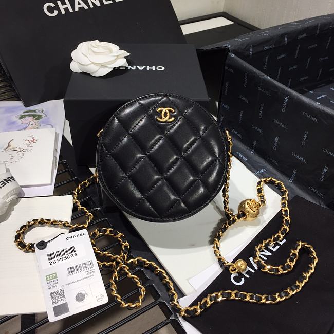 Ch**el quilted pearl crush round bag black as1449 12 x 12 x 4.5 cm
