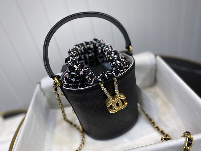 Ch**el small cc chain bucket drawstring bag black as1478 13 x 17 x 13 cm