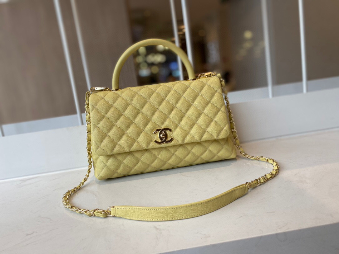 Ch**el small coco handle bag grained leather yellow a92991 28 cm