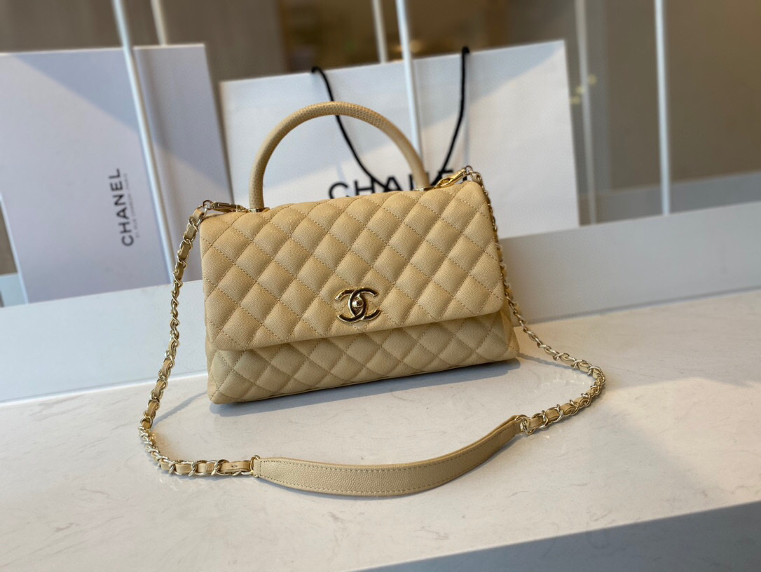 Ch**el small coco handle bag grained leather light beige a92991 28 cm