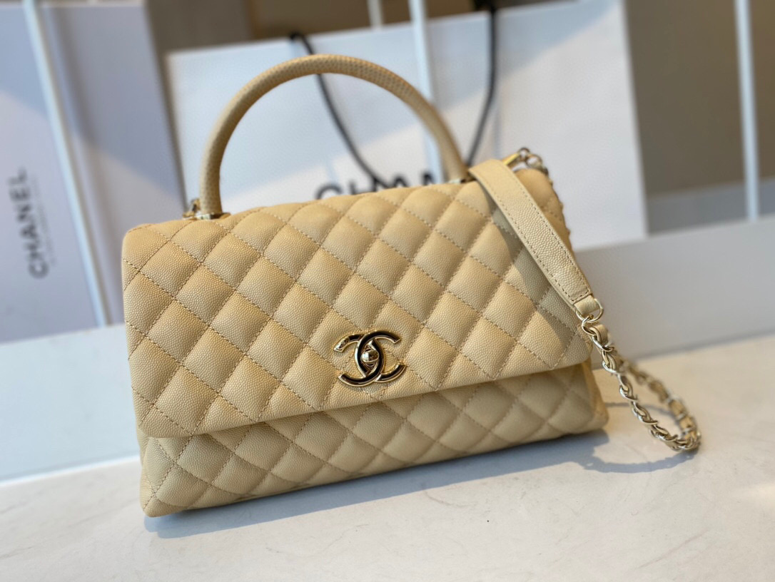 Ch**el small coco handle bag grained leather light beige a92991 28 cm