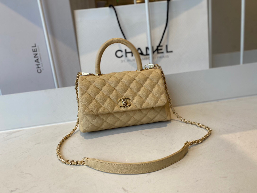 Ch**el mini coco handle bag grained leather light beige a92990 23 cm