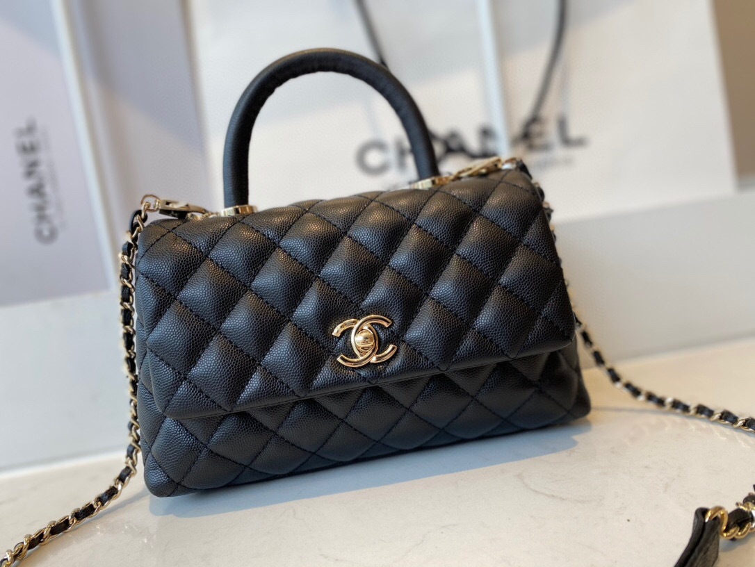 Ch**el mini coco handle bag grained leather black a92990 23 cm