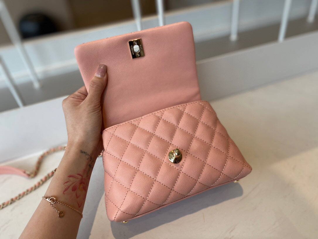 Ch**el extra mini coco handle bag grained leather pink as2215 13 × 19 × 9 cm