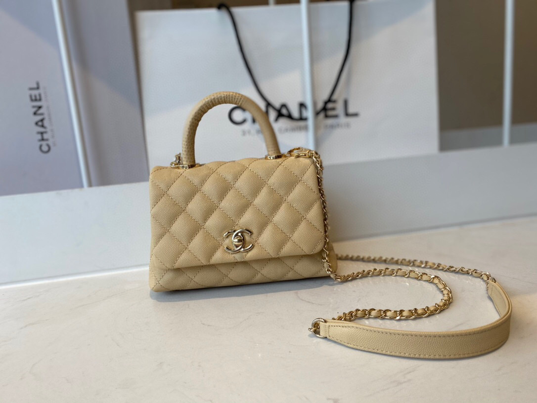 Ch**el extra mini coco handle bag grained leather light beige as2215 13 × 19 × 9 cm