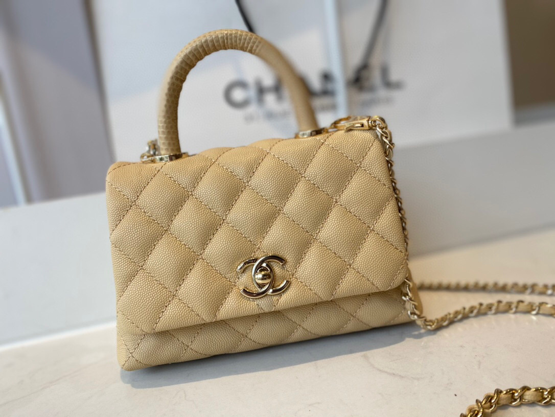Ch**el extra mini coco handle bag grained leather light beige as2215 13 × 19 × 9 cm