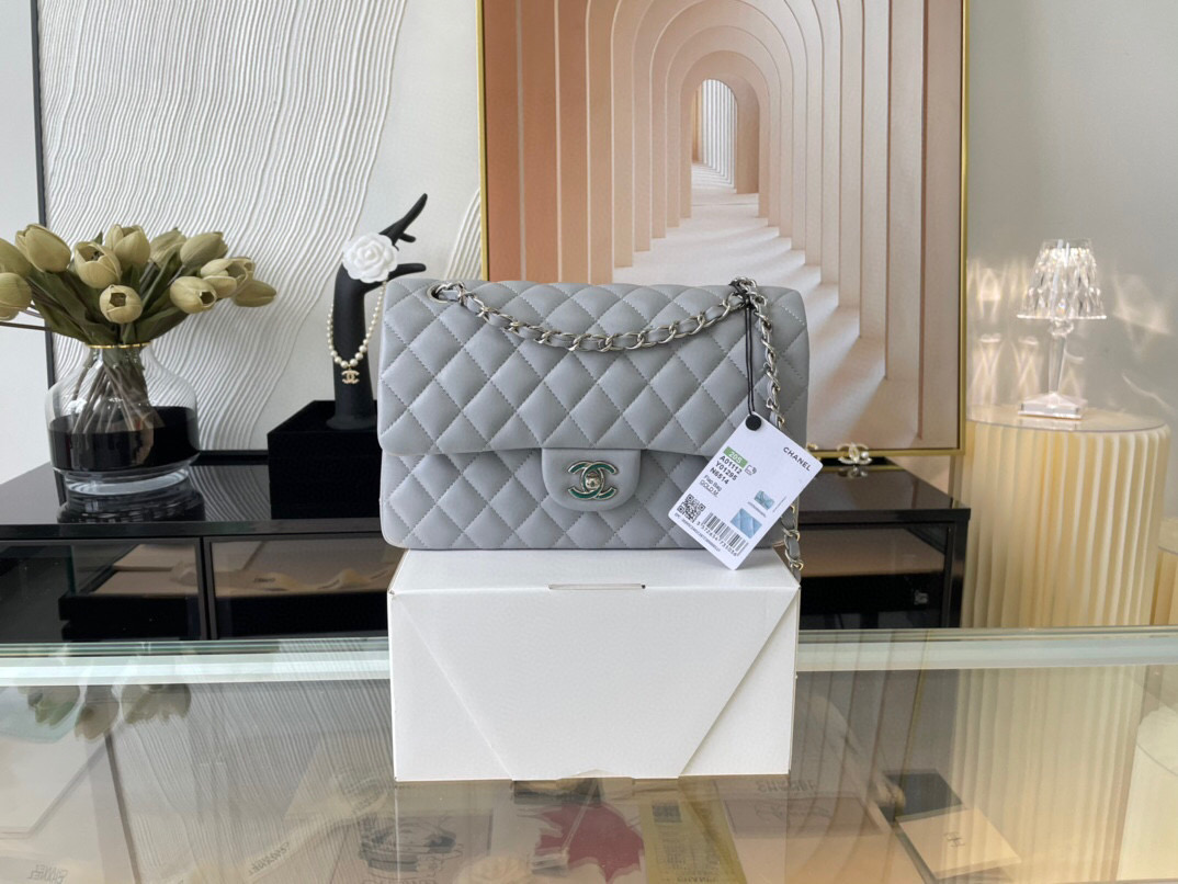 Ch**el classic flap bag grey lambskin sliver chain a01112 25.5cm