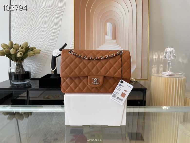 Ch**el classic flap bag brown caviar leather sliver chain a01112 25.5cm