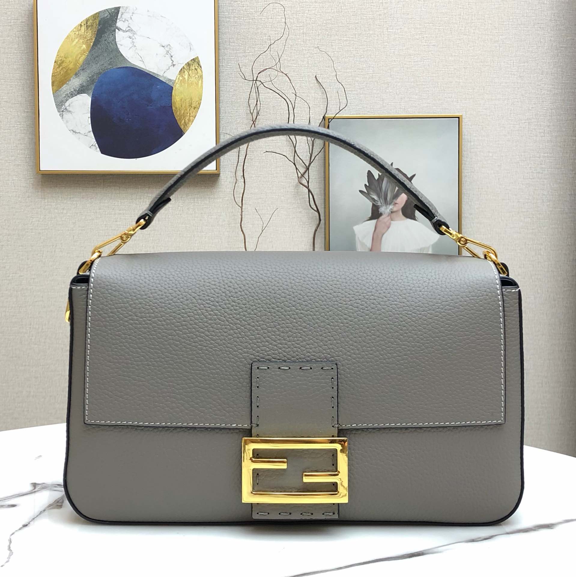 F**di large 1997 baguette leather grey 33 x 18 x 5.5 cm