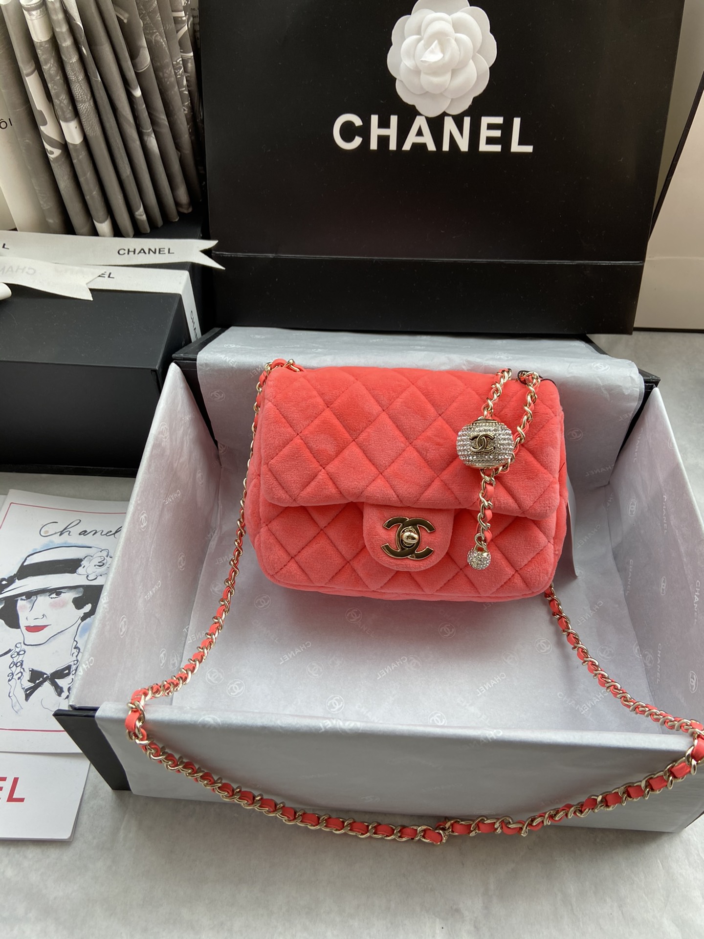 Ch**el small charm strap flap bag velvet neon orange as1786 17 cm