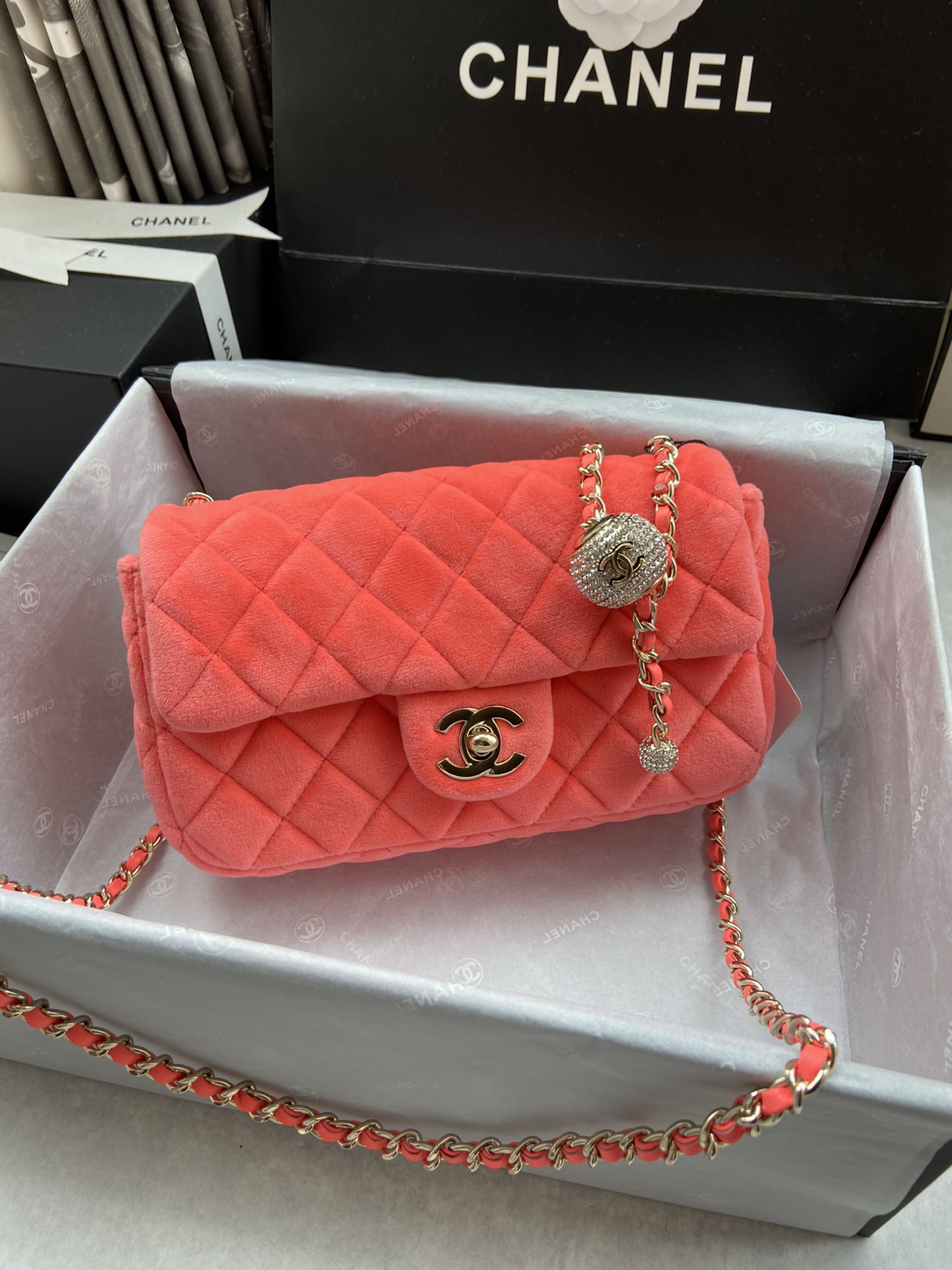 Ch**el small charm strap flap bag velvet neon orange as1786 17 cm