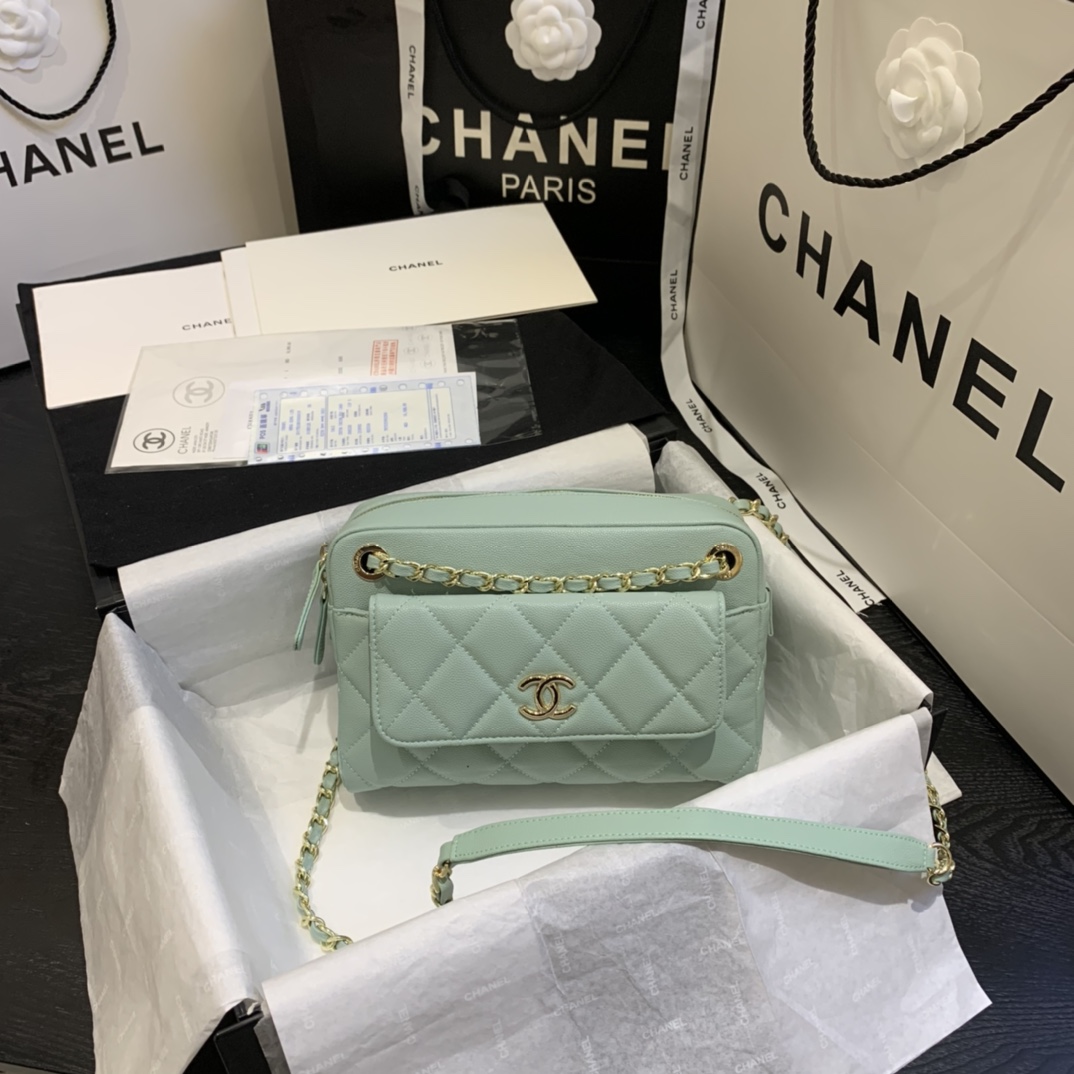 Ch**el camera case with extra clutch grained leather mint as1367 22 x 15 x 6 cm