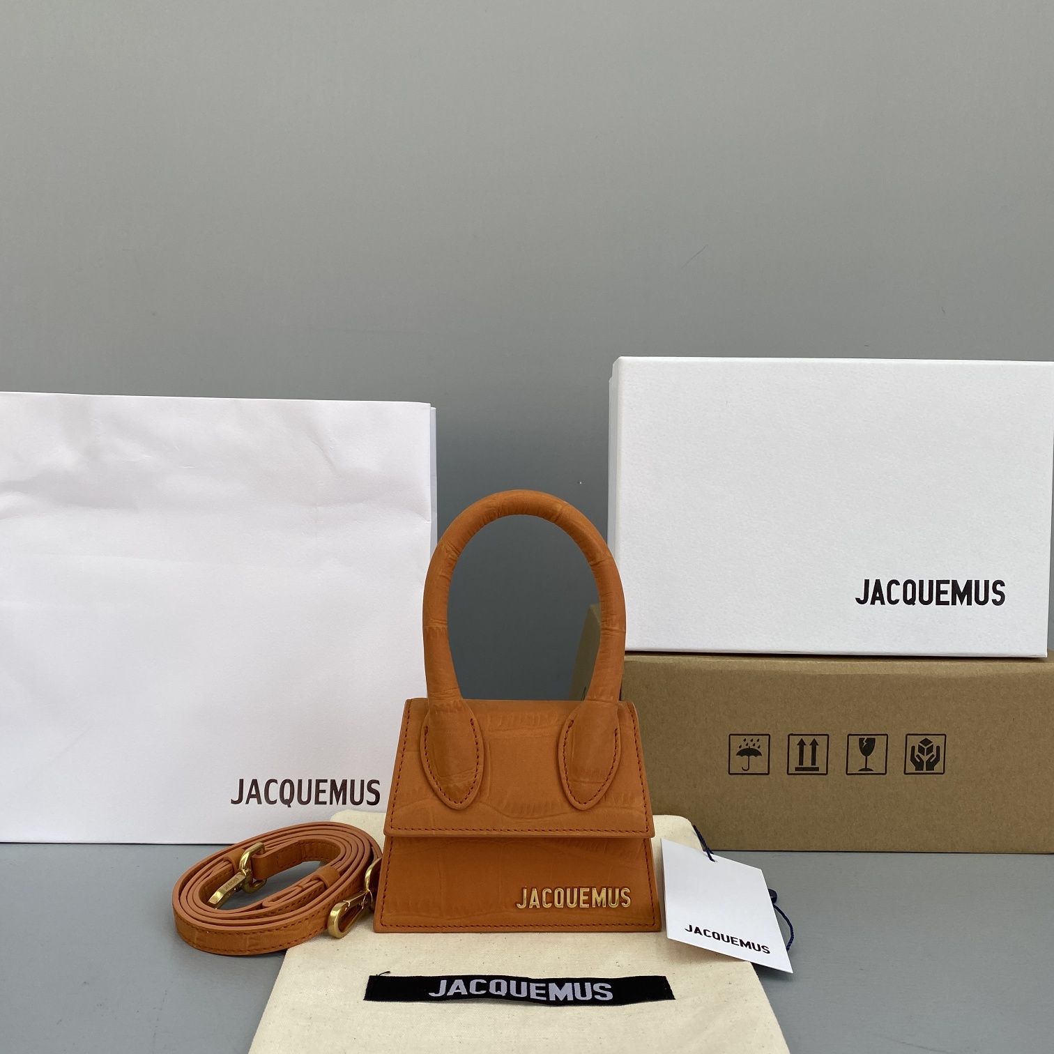 JACQUEMUS LE CHIQUITO Mini Crocodile Leather Bag Orange 213BA01 12 x 8 x 5 cm