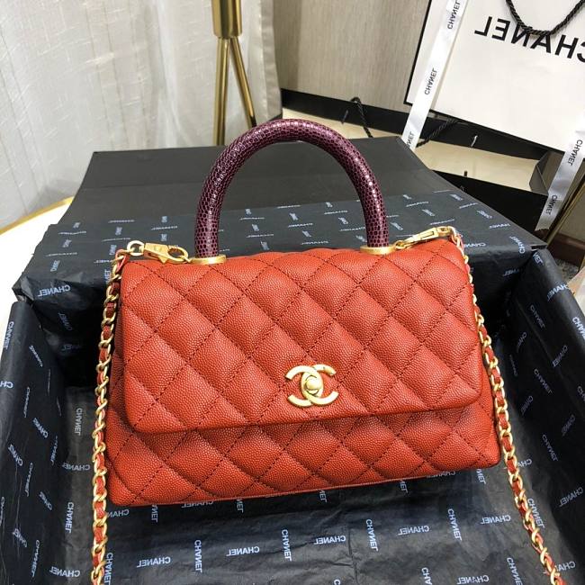 Ch**el mini coco grained calfskin with handle orange a92990 23.5 x 13.75 x 9.75 cm