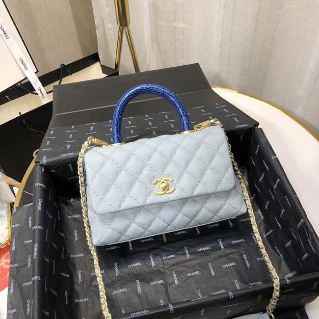 Ch**el mini coco grained calfskin with handle light blue a92990 23.5 x 13.75 x 9.75 cm