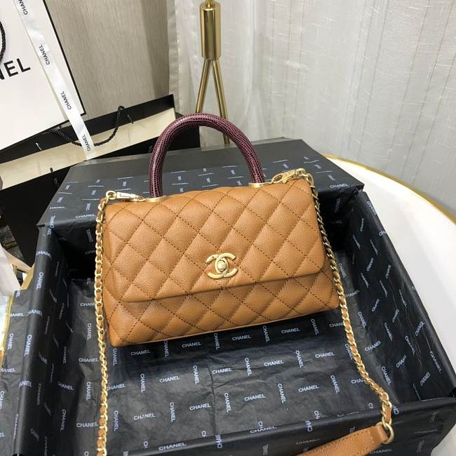 Ch**el mini coco grained calfskin with handle caramel a92990 23.5 x 13.75 x 9.75 cm