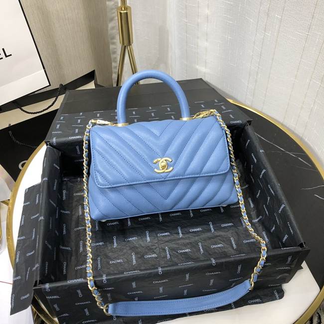 Ch**el mini coco grained calfskin v quilting flap bag blue a92990 23.5 x 13.75 x 9.75 cm