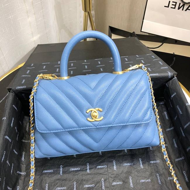 Ch**el mini coco grained calfskin v quilting flap bag blue a92990 23.5 x 13.75 x 9.75 cm