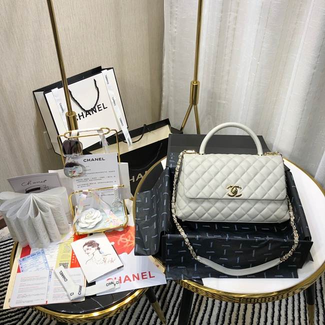 Ch**el small coco grained calfskin with top handle flap bag silver a92991 28.5 x 18.25 x 11.75 cm