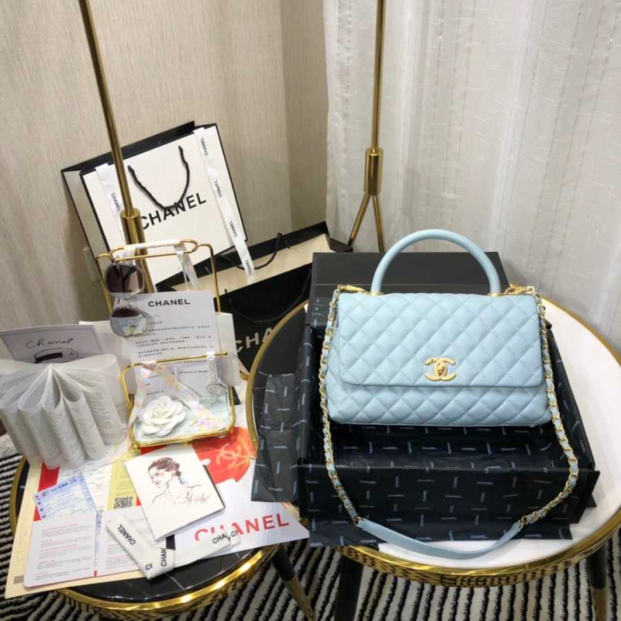 Ch**el small coco grained calfskin with top handle flap bag light blue a92991 28.5 x 18.25 x 11.75 cm