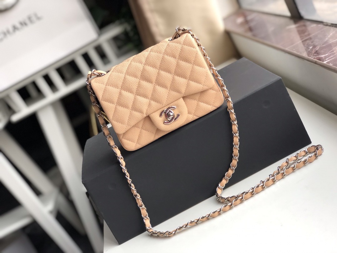Ch**el mini flap bag caviar silver metal beige a35200 17cm