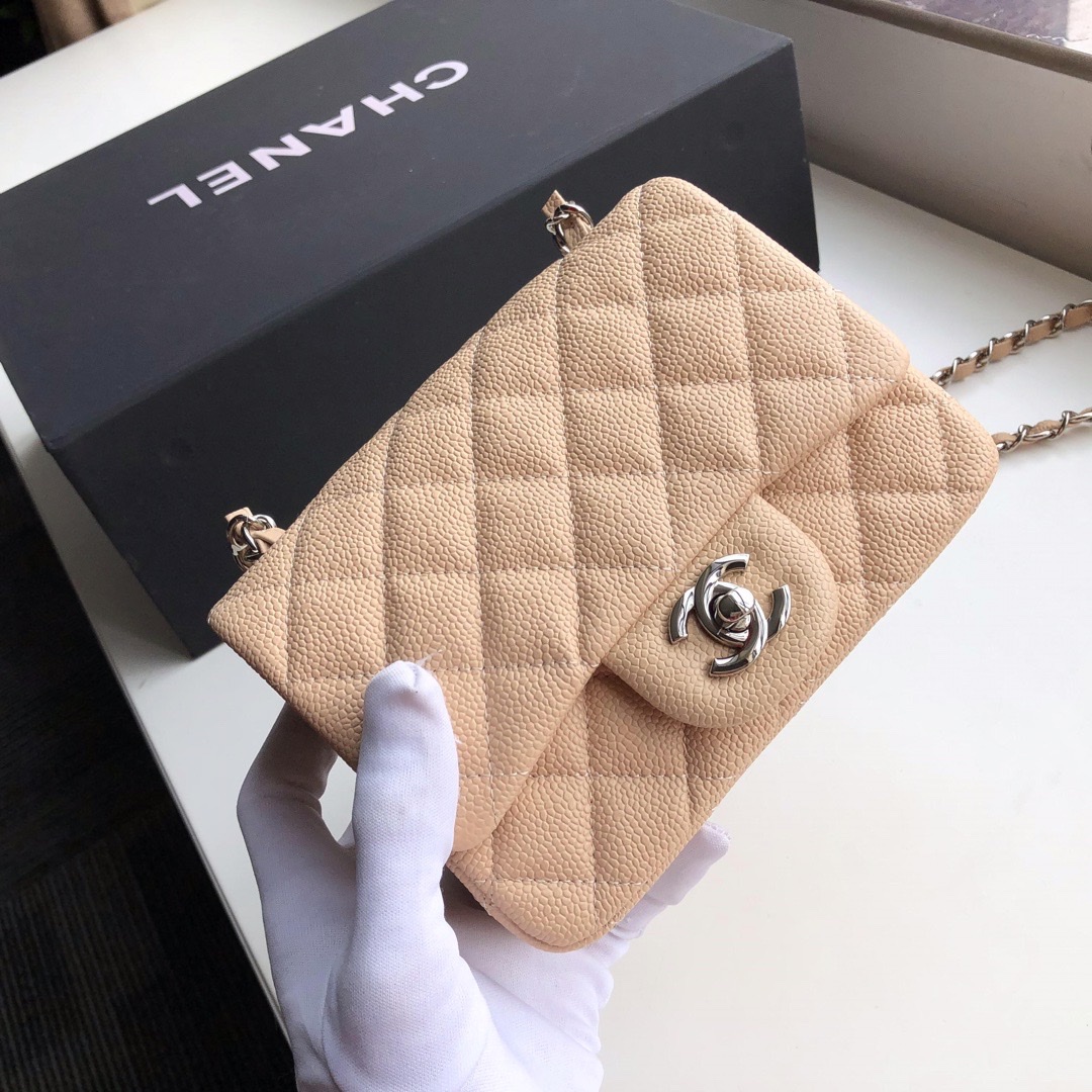 Ch**el mini flap bag caviar silver metal beige a35200 17cm