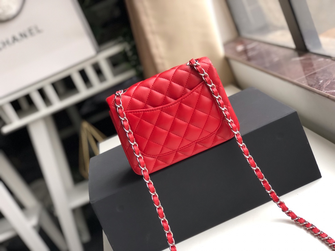 Ch**el mini flap bag lambskin silver metal red a35200 17cm