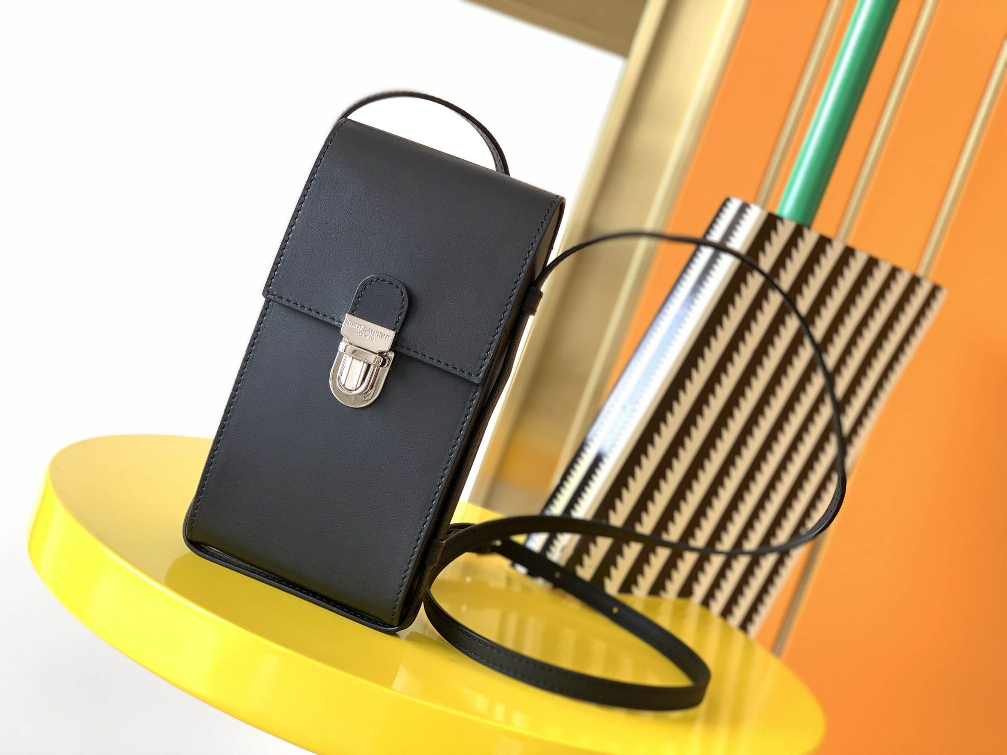 y51 tuc phone pouch with strap in S*pple calfskin black 6677182 9 x 3.5 x 18 cm