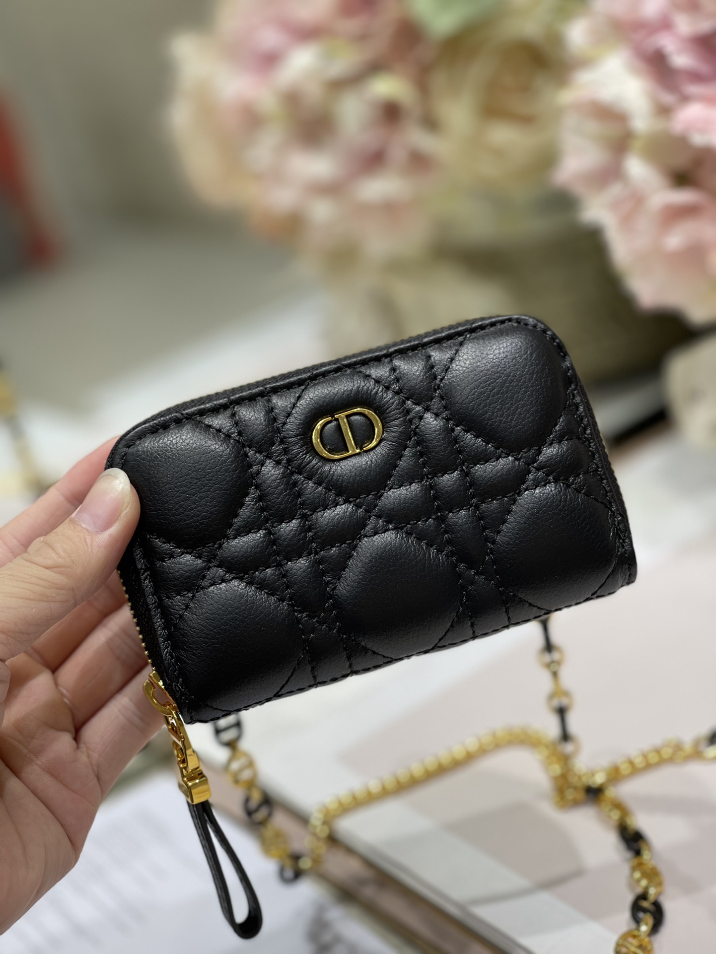 D10r mini caro zipped pouch cannage lambskin black s5087 12 x 8.5 cm