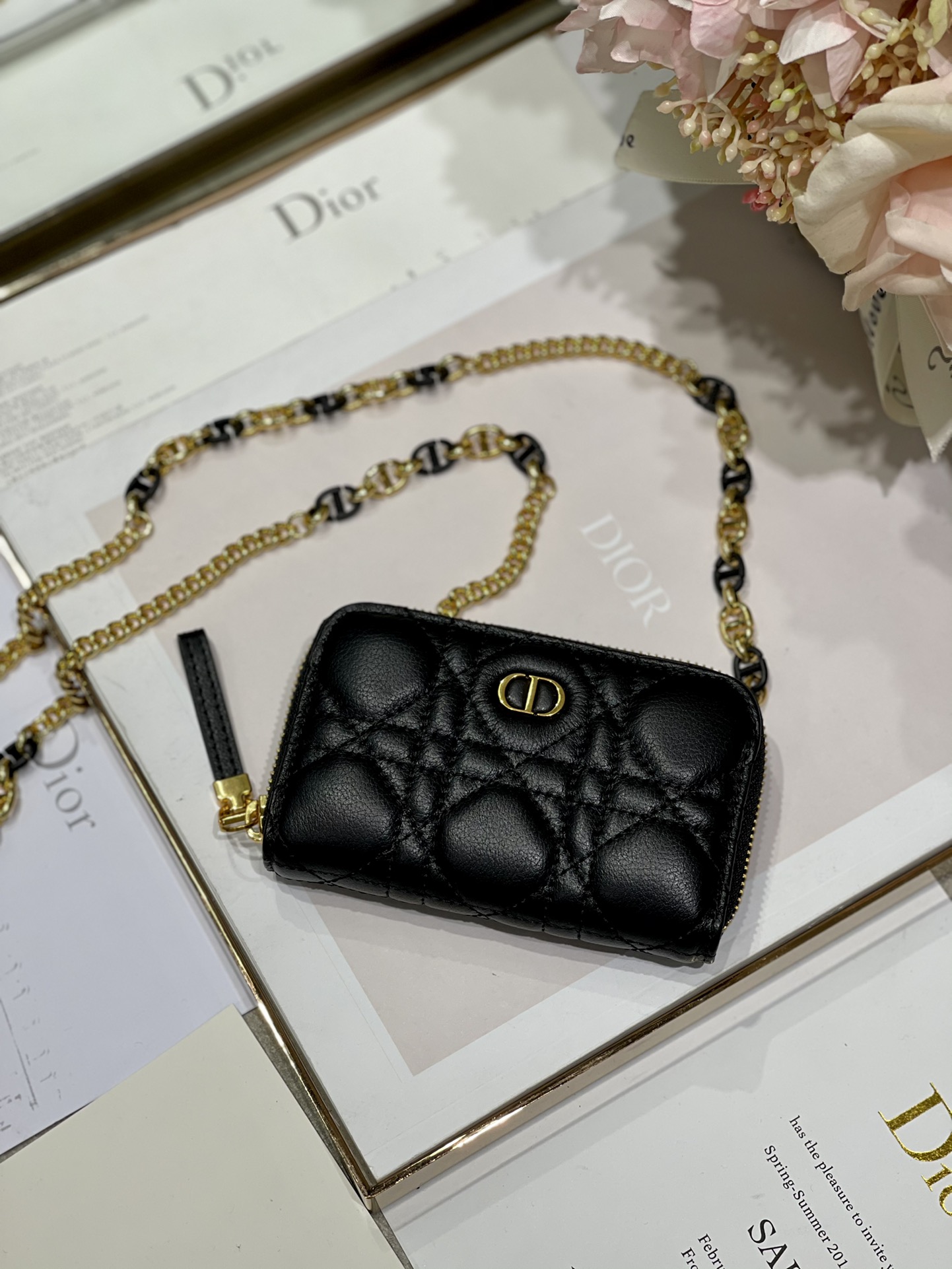 D10r mini caro zipped pouch cannage lambskin black s5087 12 x 8.5 cm