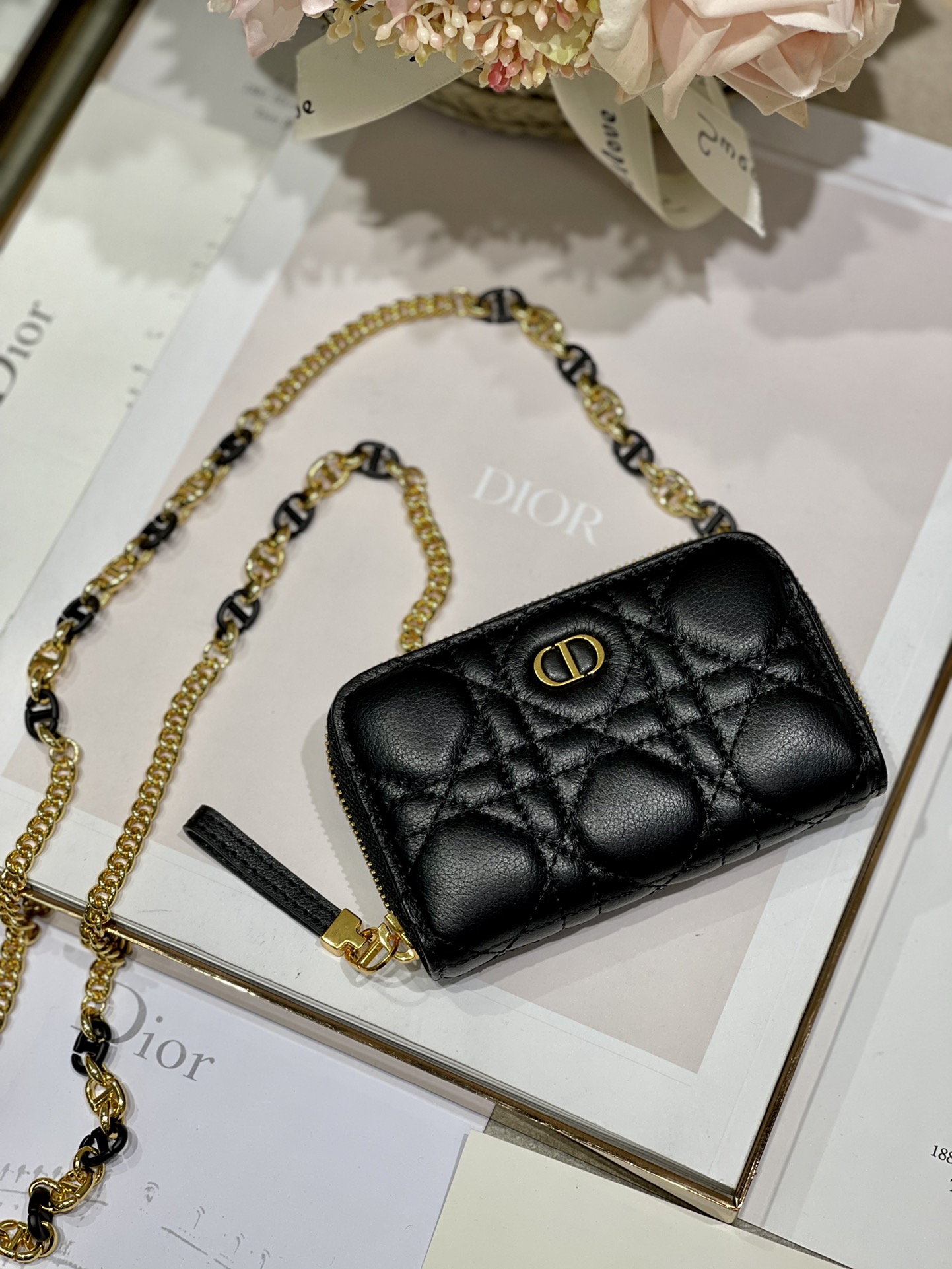 D10r mini caro zipped pouch cannage lambskin black s5087 12 x 8.5 cm